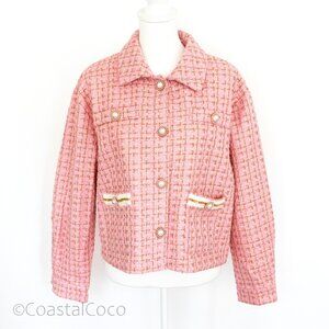 Pink Tweed Pearl Button Cropped Jacket L Blazer Preppy Academia Coastal Grandma